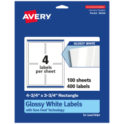 Avery® Glossy Permanent Labels With Sure Feed®, 94254-WGP100, Rectangle, 4-3/4" x 3-3/4", White, Pack Of 400