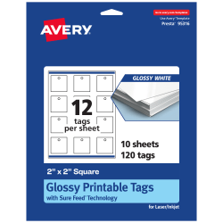Avery® Printable Tags With Sure Feed® Technology, Print-To-The-Edge, 2"x2", Glossy White, Pack Of 120