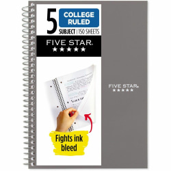 Mead College Ruled Notebook - 5 Subject(s) - 150 Sheets - Spiral - Ruled Margin - 6" x 9 1/2" Sheet Size - Assorted Plastic Cover