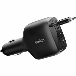 Belkin 75W Dual Port USB Car Charger - 1xUSB-A, 1xUSB-C w/ Retractable USB-C Cable - Black - 2.46 ft Cable