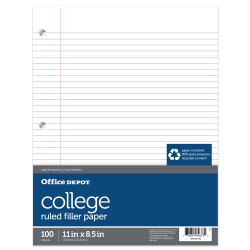 Office Depot® Brand College-Ruled Notebook Filler Paper, 3-Hole Punched, 11" x 8 1/2", 100 Sheets