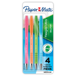 Paper Mate FlexGrip Ultra Retractable Ballpoint Pens, Medium Point, 1.0 mm, 36% Recycled, Assorted Barrel Colors, Black Ink, Pack Of 4 Pens