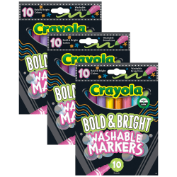 Crayola Washable Markers, Broad Line, Bold & Bright, Pack Of 10 Markers, Set Of 3 Packs