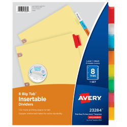 Avery® Big Tab™ Insertable Dividers, Copper Reinforced, Buff/Multicolor, 8 1/2" x 11", 8-Tab