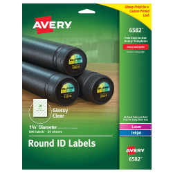 Avery® Glossy Clear Print-to-the-Edge Easy Peel Labels With Sure Feed® Technology, 6582, Round, 1-5/8" Diameter, Clear, Pack Of 500
