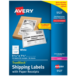 Avery® TrueBlock® White Laser Shipping Labels, With Paper Receipt, 5127, 5 1/16" x 7 5/8", Pack Of 50
