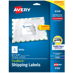 Avery® TrueBlock® Shipping Labels With Sure Feed® Technology, 8168, Rectangle, 3-1/2" x 5", White, Pack Of 100