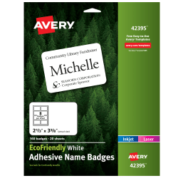 Avery® EcoFriendly 100% Recycled Name Badges, 2 1/3" x 3 3/8", White, Pack Of 160