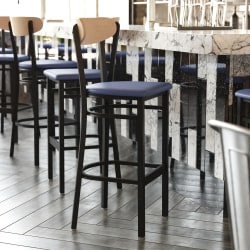 Flash Furniture Wright Steel/Vinyl Commercial-Grade Barstool With Boomerang Back, Blue/Natural Birch