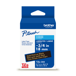Brother P-Touch TZe344, Laminated, ~3/4in x 26.2ft (18mm x 8m), Gold on Black Label Tape