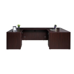 Boss Holland Series Office Suite With 71"W Desk, Bridge, Credenza & 2 Pedestal Files, Mahogany