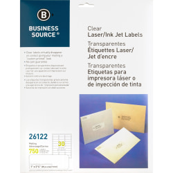 Business Source Mailing Address Labels - 1"x 2 3/4" - Permanent Adhesive - Rectangle - Laser - Clear - 30 / Sheet - Self-adhesive - 750 / Pack