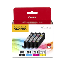 Canon® CLI-281 ChromaLife 100+ Black And Cyan, Magenta, Yellow Ink Tanks, Pack Of 4, 2091C005