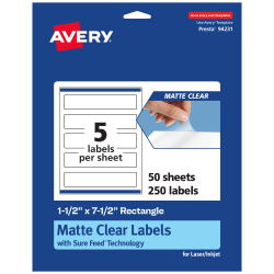 Avery® Permanent Labels With Sure Feed®, 94231-CMF50, Rectangle, 1-1/2" x 7-1/2", Matte Clear, Pack Of 250