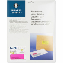 Business Source Neon Labels - 1"x 2 5/8" - Permanent Adhesive - Rectangle - Laser - Neon Pink - 30 / Sheet - Jam-free, Pressure Sensitive - 750 / Pack