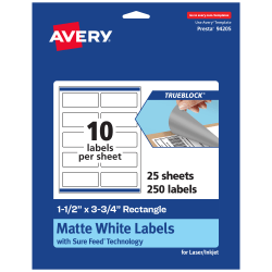 Avery® Print-To-The-Edge TrueBlock® Labels With Sure Feed®, 94205-TWMP25, Rectangle, 1-1/2" x 3-3/4", Matte White, Pack Of 250