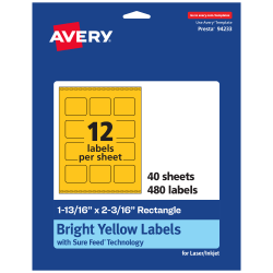Avery® Print-To-The-Edge Labels With Sure Feed® Technology And Easy Peel® Label Feature, 94233-BYP40, Rectangle, 1-13/16" x 2-3/16", Matte Bright Yellow, Pack of 480