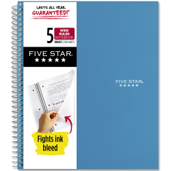 Five Star® Wirebound Notebook, 8" x 10-1/2", 5 Subject, Wide Ruled, 200 Sheets, Tidewater Blue
