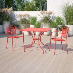 Flash Furniture Oia Commercial Grade 35-1/2" Square Indoor-Outdoor Steel Patio Table With Umbrella Hole, 28-3/4"H x 35-1/2"W x 35-1/2"D, Coral