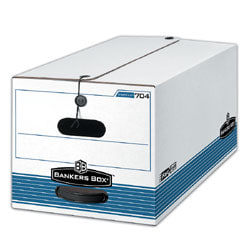 Bankers Box® Stor/File™ Storage Box With String & Button Closure, Legal Size, 10" x 15" x 24", 60% Recycled, White/Blue