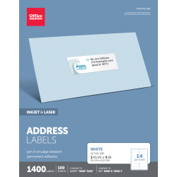 Office Depot® Brand Inkjet/Laser Address Labels, Rectangle, 1 1/3" x 4", White, Pack Of 1,400