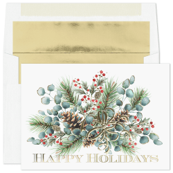 Custom Foil-Embellished Holiday Greeting Cards With Foil-Lined Envelopes, 7-7/8" x 5-5/8", Holiday Eucalyptus/Gold-Lined Envelopes, Box Of 25