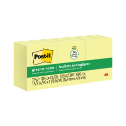 Post-it Greener Notes, 1 3/8 in x 1 7/8 in, 12 Pads, 100 Sheets/Pad, Canary Yellow