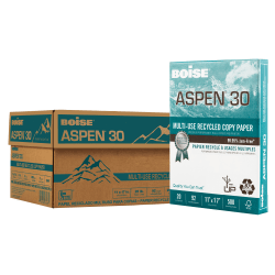Boise® ASPEN® 30 Multi-Use Print & Copy Paper, Ledger Size (11" x 17"), 92 (U.S.) Brightness, 20 Lb, 30% Recycled, FSC® Certified, White, 500 Sheets Per Ream, Case Of 5 Reams