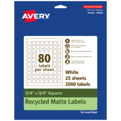 Avery® Recycled Paper Labels, 94102-EWMP25, Square, 3/4" x 3/4", White, Pack Of 2000
