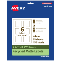 Avery® Recycled Paper Labels, 94109-EWMP25, Square, 2-3/4" x 2-3/4", White, Pack Of 150