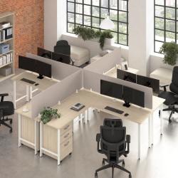 Bush Business Furniture Hustle 4 Person L Shaped Desk with Mobile File Cabinets, Power Grommets, and Privacy Screens, Natural Elm,   - HUS017NESU