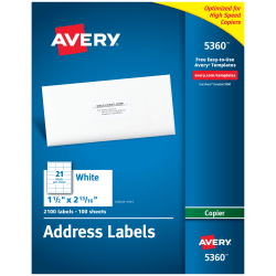 Avery® Address Labels For Copiers, 5360, Rectangle, 1" x 2-13/16", White, Pack Of 2,100
