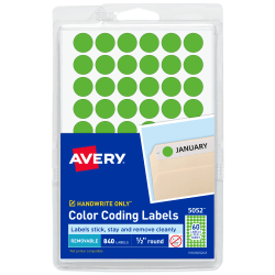 Avery® Color-Coding Removable Labels, 5052, Round, 1/2 Inch Diameter, Neon Green, Pack Of 840 Non-Printable Dot Stickers