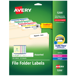 Avery® TrueBlock® Permanent Inkjet/Laser File Folder Labels, 5266, 2/3" x 3 7/16", Assorted, Box Of 750