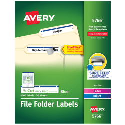 Avery® TrueBlock® File Folder Labels With Sure Feed® Technology, 5766, Rectangle, 2/3" x 3-7/16", White/Blue, Pack Of 1,500