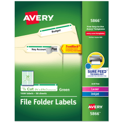 Avery® TrueBlock® Permanent Inkjet/Laser File Folder Labels, 5866, 2/3" x 3 7/16", Green, Box Of 1,500