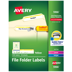 Avery® TrueBlock® File Folder Labels With Sure Feed® Technology, 5966, Rectangle, 2/3" x 3-7/16", White/Yellow, Pack Of 1,500