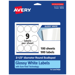 Avery® Glossy Permanent Labels With Sure Feed®, 94516-WGP100, Round Scalloped, 2-1/2" Diameter, White, Pack Of 900