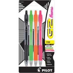 Pilot G2 Neons Gel Pens, Fine Point, 0.7 mm, Clear Barrels, Assorted Ink, Pack Of 4 Pens