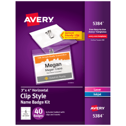 Avery® Customizable Name Badges With Clips, Rectangle, 5384, 3" x 4", Clear Name Tag Holders With White Printable Inserts, Box Of 40