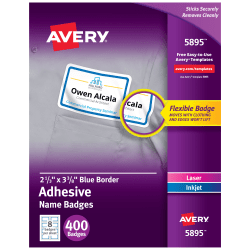 Avery® Flexible Name Badge Labels, 5895, 2 1/3" x 3 3/8", White With Blue Border, Box Of 400