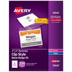 Avery® Clip Name Badges, Rectangle, 74541, 3" x 4", White, 100 Inserts & Badge Holders With Clips