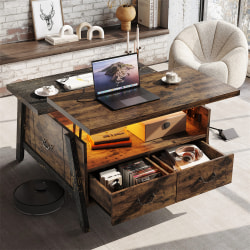 Bestier Wood  Lift Top Square Coffee Table With LED Lights & Storage Drawers, 20"H x 35-7/16"W x 35-7/16"D, Rustic Brown