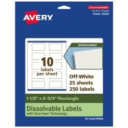 Avery® Print-to-the-Edge Dissolvable Labels With Sure Feed® Technology, 94230-DWMP25, Rectangle, 1-1/2"x2-3/4", Matte Off-White, Pack Of 250