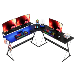 Bestier L-Shaped RGB Gaming Computer Desk With Monitor Stand & Multi-Function Hooks, 65"W, Black Carbon Fiber
