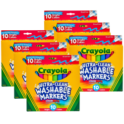Crayola Ultra-Clean Markers, Broad Tip, Assorted Colors, 10 Markers Per Pack, Set Of 6 Packs