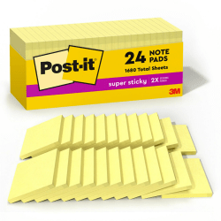Post-it® Super Sticky Notes, 3" x 3", Canary Yellow, 24 Pads/Cabinet Pack