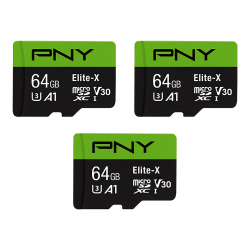 PNY® Elite-X Class 10 U3 V30 microSDXC Flash Memory Cards, 64GB, Pack Of 3 Memory Cards