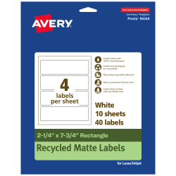 Avery® Recycled Paper Labels, 94244-EWMP10, Rectangle, 2-1/4" x 7-3/4", White, Pack Of 40