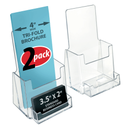Azar Displays Trifold Brochure Holders With Business Card Pockets, 7-1/4"H x 4-1/8"W x 3-9/16"D, Clear, Set Of 2 Holders